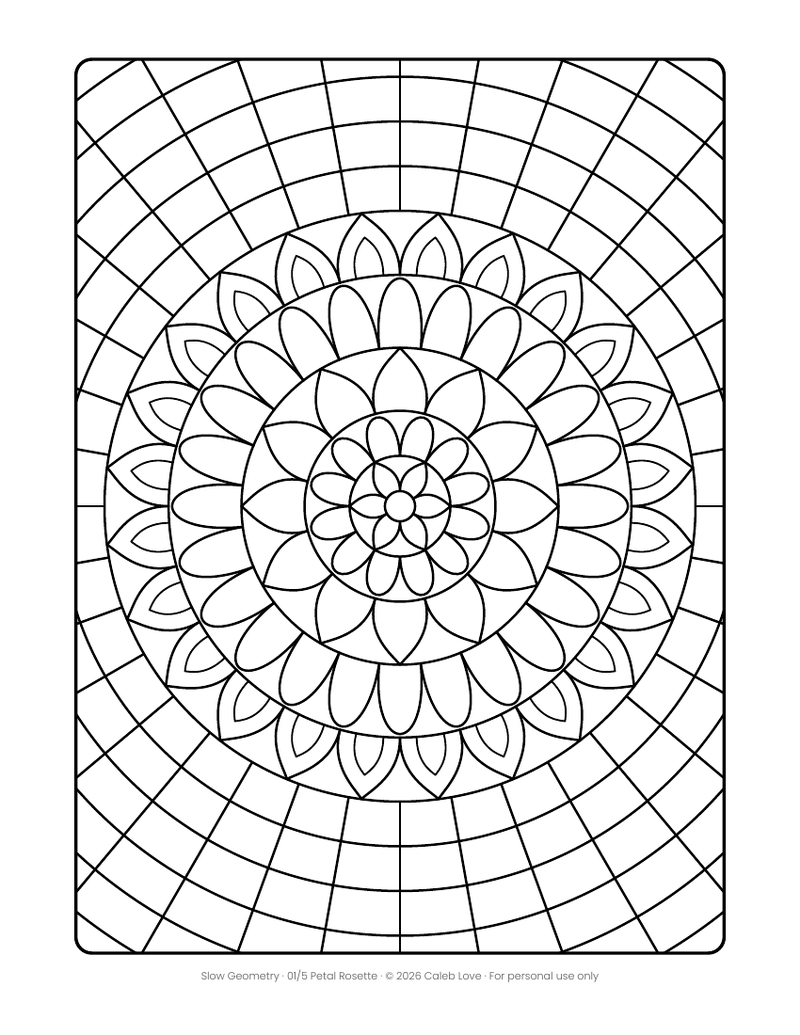 Petal Rosette, one of the 5 free pages, as it prints (actual page from the sampler PDF).