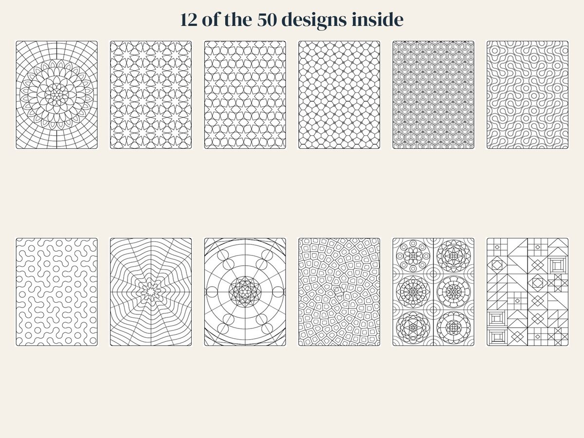 12 of the 50 designs in Slow Geometry (rendered from the real PDF pages).
