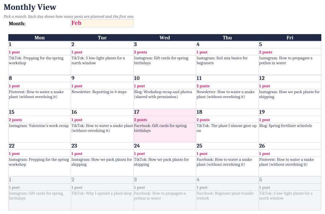 Monthly View grid, SAMPLE file.