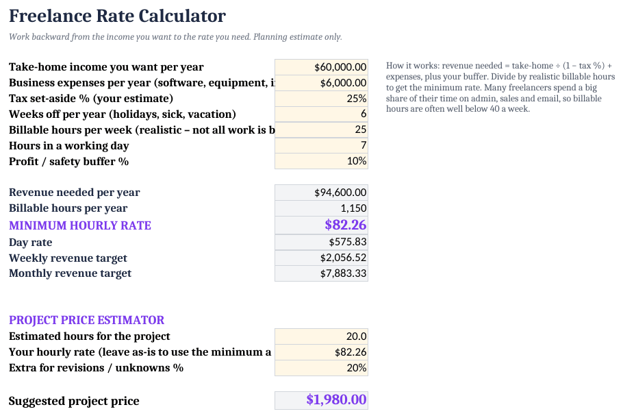 Freelance Rate Calculator tab, SAMPLE file.
