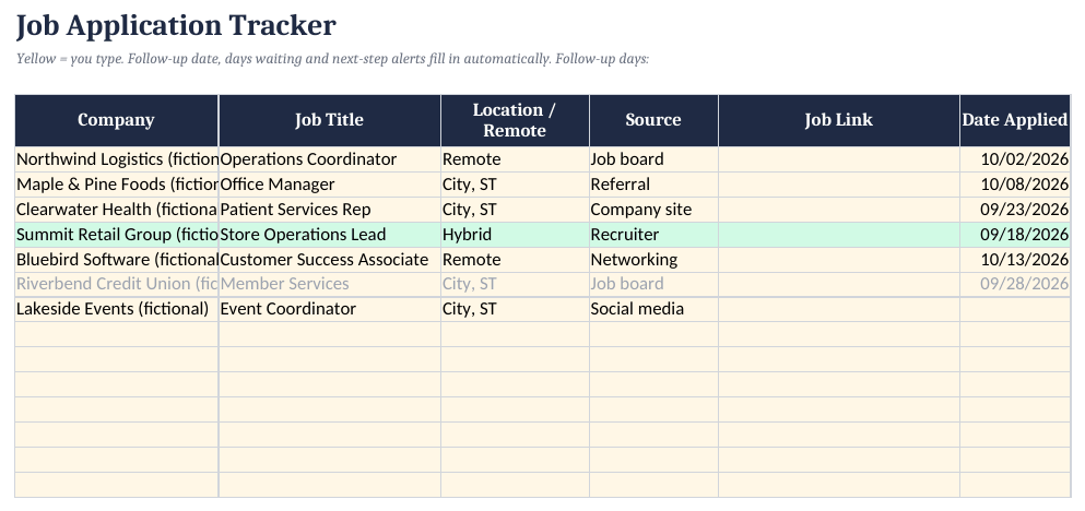 Applications tab, SAMPLE file (fictional companies).