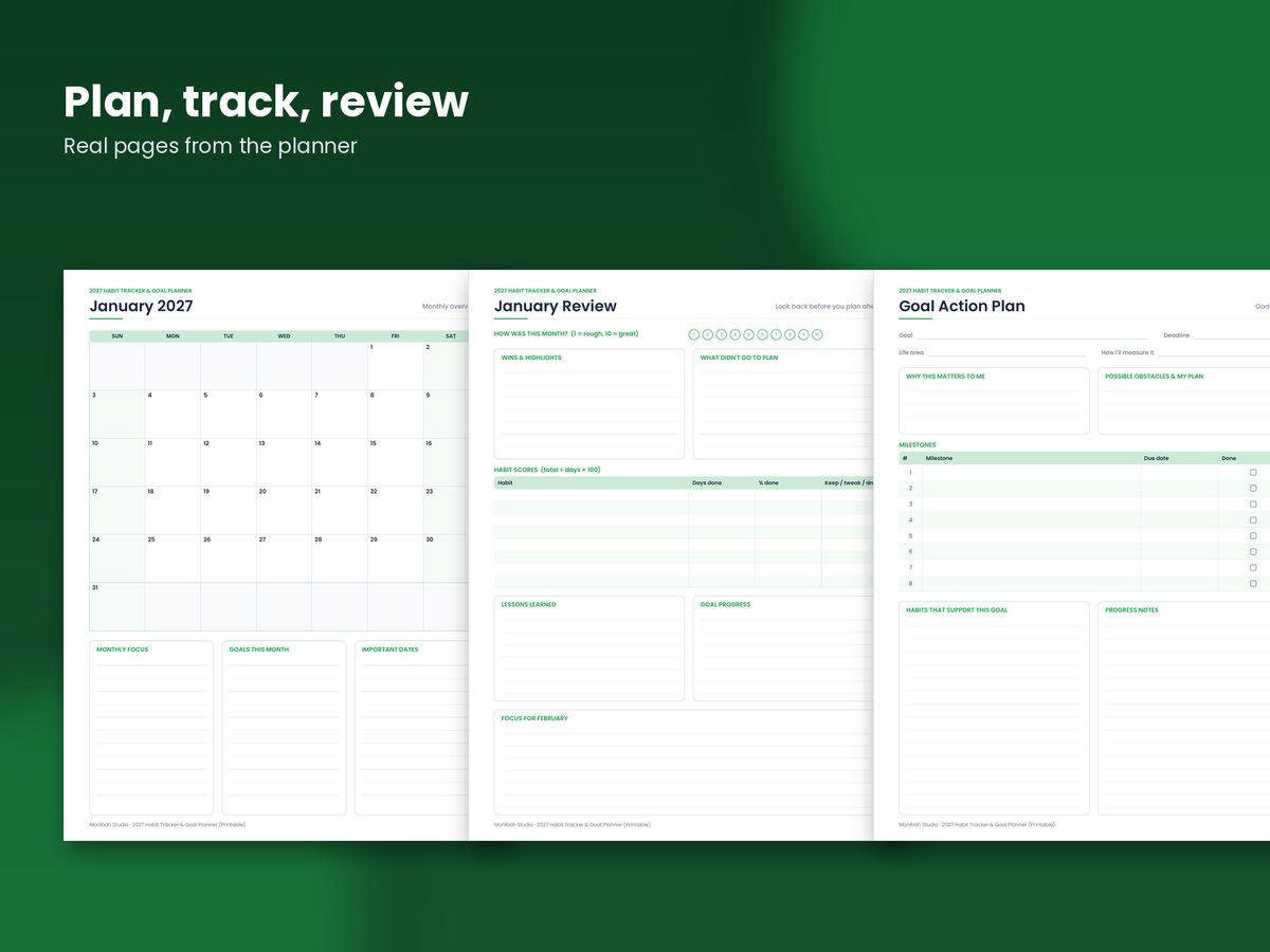 Monthly calendar, monthly review and goal action plan pages from the 2027 printable.