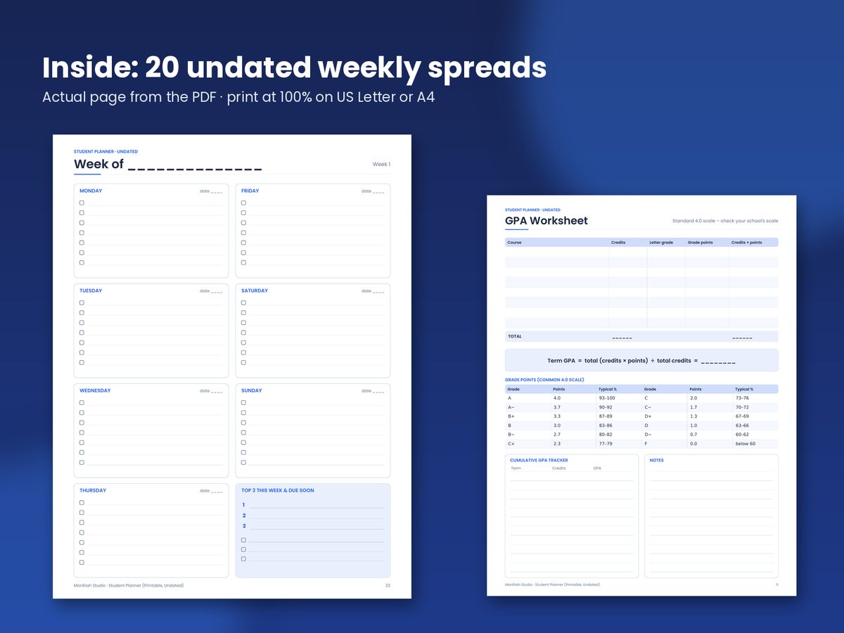 Pages from the Student Planner Printable.