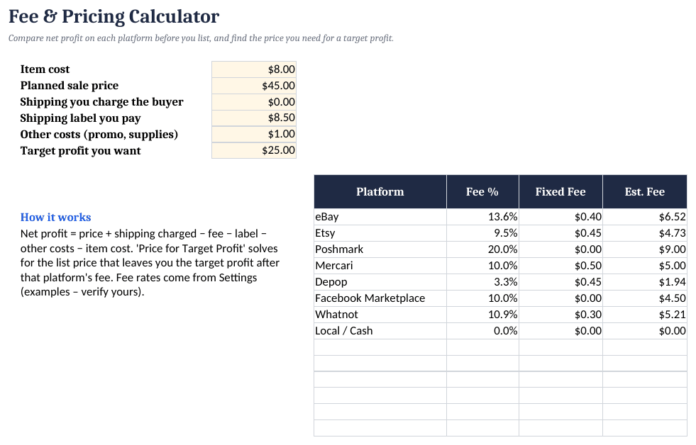 Fee & Pricing Calculator tab (example fee rates; check your own).